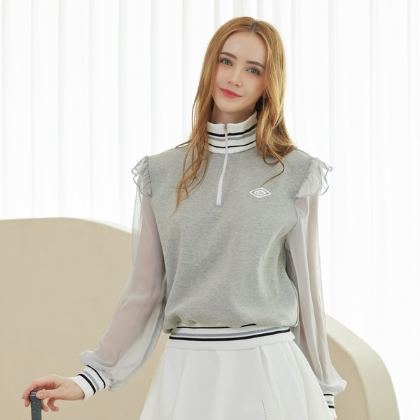 [JJA] 제이제인 반집업 쉬폰 소매 맨투맨 Half Zip-up Chiffon Sleeve Sweatshirt (Gray) J186MTM01GR