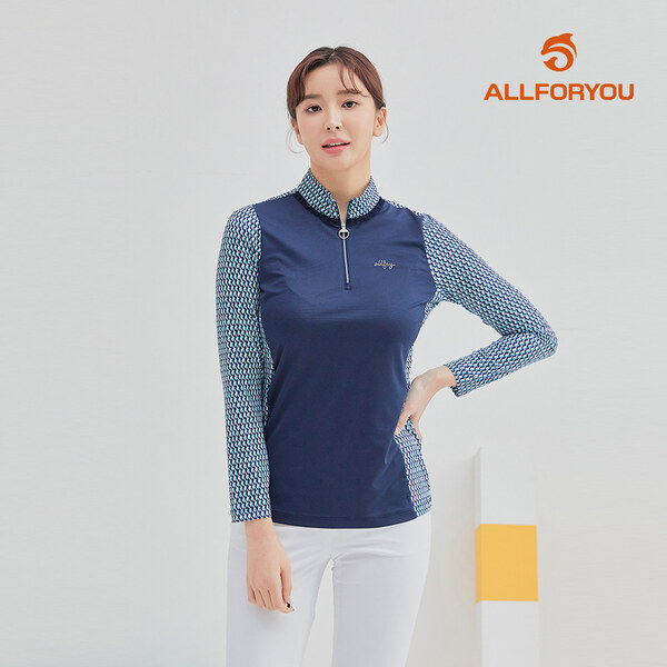 [올포유] [모델착장] 여성 패턴 배색 레이스 포인트 반집업 티셔츠 AWTHL1401-915_G